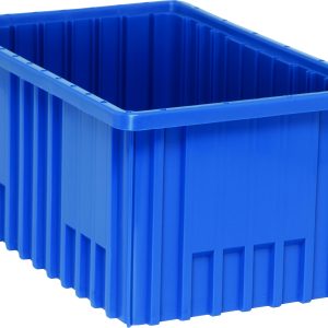 A large Quantum Dividable Grid Container in blue, 16-1/2L x 10-7/8W x 8H, features ribbed sides and an open top, viewed from a slight angle. Made in the USA.
