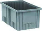 The Quantum Dividable Grid Container, 16-1/2L x 10-7/8W x 8H, features a rectangular shape with ribbed sides and an open top. Its sturdy appearance in gray suggests suitability for storage or industrial use. Made in the USA and viewed from an angle, it showcases its depth effectively.