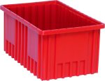 A Quantum red rectangular plastic Dividable Grid Container (16-1/2L x 10-7/8W x 8H), featuring ribbed sides and an open top, made in the USA, is set against a white background.