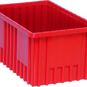 A Quantum red rectangular plastic Dividable Grid Container (16-1/2L x 10-7/8W x 8H), featuring ribbed sides and an open top, made in the USA, is set against a white background.