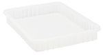 The Quantum Dividable Grid Container, measuring 22-1/2L x 17-1/2W x 3H, features ribbed sides and a textured base in a clear rectangular design. Made in the USA, its slightly angled to showcase depth and design.