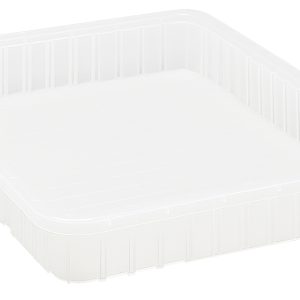 The Quantum Dividable Grid Container, measuring 22-1/2L x 17-1/2W x 3H, features ribbed sides and a textured base in a clear rectangular design. Made in the USA, its slightly angled to showcase depth and design.