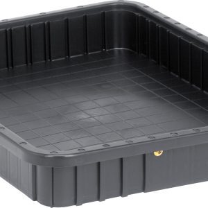 Photographed on a white background is a Quantum Dividable Grid Container, black, conductive, with ridged sides and a grid pattern base, measuring 22-1/2L x 17-1/2W x 3H. Made in USA.