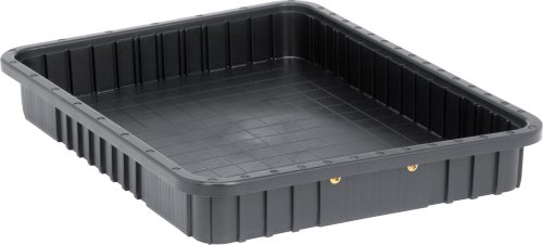 DG93030CO.jpg Photographed on a white background is a Quantum Dividable Grid Container, black, conductive, with ridged sides and a grid pattern base, measuring 22-1/2L x 17-1/2W x 3H. Made in USA.