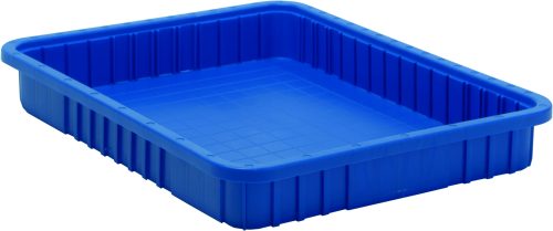 DG93030_BL.jpg The Quantum Dividable Grid Container, 22-1/2L x 17-1/2W x 3H, is a blue plastic USA-made product with ribbed sides and a textured grid-patterned bottom. Its rectangular shape is ideal for organizing and stackable to save space.