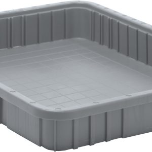 The Quantum Dividable Grid Container, 22-1/2L x 17-1/2W x 3H and made in the USA, is a shallow gray plastic container with ribbed sides and a flat base, showcasing its depth and sturdy structure.