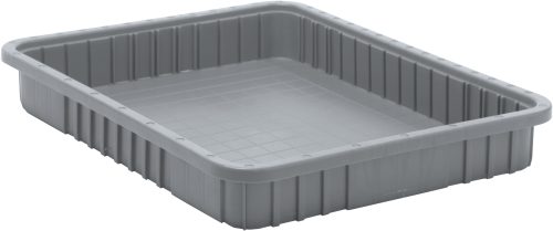 DG93030_GY.jpg The Quantum Dividable Grid Container, 22-1/2L x 17-1/2W x 3H and made in the USA, is a shallow gray plastic container with ribbed sides and a flat base, showcasing its depth and sturdy structure.