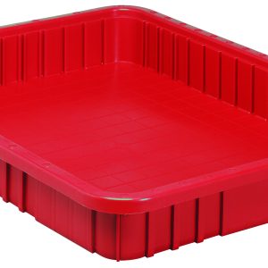 The Quantum Dividable Grid Container is a precisely crafted, rectangular red plastic tray made in the USA. It measures 22-1/2L x 17-1/2W x 3H and features raised edges, a grid pattern on the bottom, and vertical grooves on the sides for enhanced grip.