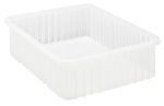 The Quantum Dividable Grid Container is a clear, transparent rectangular plastic box with ribbed sides and an open top, perfect for organization. It measures 22-1/2L x 17-1/2W x 6H and is made in the USA.
