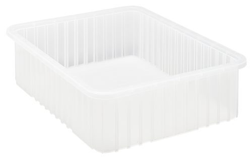 DG93060CL.jpg The Quantum Dividable Grid Container is a clear, transparent rectangular plastic box with ribbed sides and an open top, perfect for organization. It measures 22-1/2L x 17-1/2W x 6H and is made in the USA.