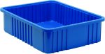 A Quantum Dividable Grid Container, 22-1/2L x 17-1/2W x 6H, in vibrant blue with ribbed sides and a rectangular shape, made in the USA, sits on a white background.