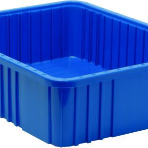 A Quantum Dividable Grid Container, 22-1/2L x 17-1/2W x 6H, in vibrant blue with ribbed sides and a rectangular shape, made in the USA, sits on a white background.