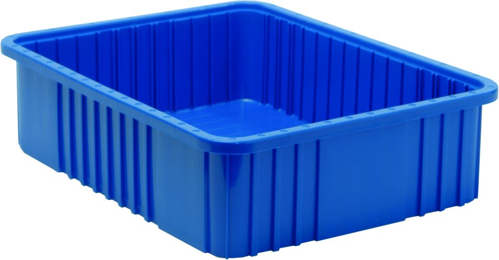 Long blue Quantum dividable grid container showing the molded divider grid pattern