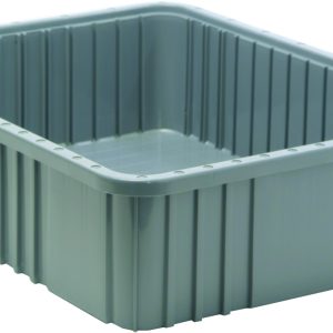 A gray Quantum Dividable Grid Container (22-1/2L x 17-1/2W x 6H), made in the USA and featuring ribbed sides, is displayed on a white background.