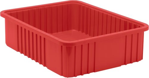 DG93060_RD.jpg A Quantum Dividable Grid Container, 22-1/2L x 17-1/2W x 6H in red, with ribbed sides and rounded corners, is displayed on a white background. Proudly made in the USA.