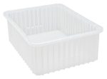The Quantum Dividable Grid Container, made in the USA, is a clear, rectangular storage bin measuring 22-1/2L x 17-1/2W x 8H. It features ridged sides against a white background and a flat bottom, perfect for organizing household items.