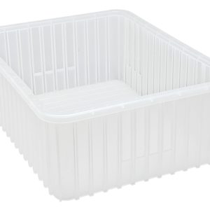 The Quantum Dividable Grid Container, made in the USA, is a clear, rectangular storage bin measuring 22-1/2L x 17-1/2W x 8H. It features ridged sides against a white background and a flat bottom, perfect for organizing household items.