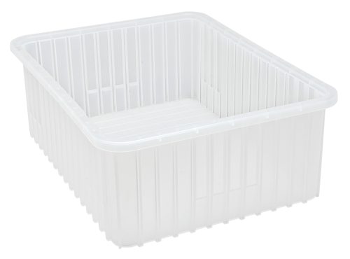 DG93080CL.jpg The Quantum Dividable Grid Container, made in the USA, is a clear, rectangular storage bin measuring 22-1/2L x 17-1/2W x 8H. It features ridged sides against a white background and a flat bottom, perfect for organizing household items.