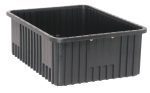 The Quantum Dividable Grid Container, measuring 22-1/2L x 17-1/2W x 8H, is a black conductive box with vertical ridges and a flat rim. Made in the USA, its open at the top, displaying both its sides and interior at a slight angle.