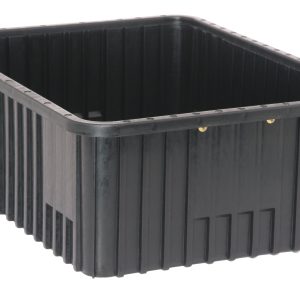 The Quantum Dividable Grid Container, measuring 22-1/2L x 17-1/2W x 8H, is a black conductive box with vertical ridges and a flat rim. Made in the USA, its open at the top, displaying both its sides and interior at a slight angle.