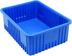The Quantum Dividable Grid Container, made in the USA, is a blue storage bin with ribbed sides and a smooth base, measuring 22-1/2L x 17-1/2W x 8H. Angled on a flat white surface, it highlights its depth and sturdy construction.