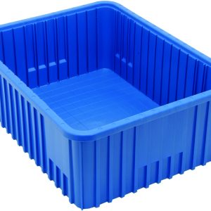 The Quantum Dividable Grid Container, made in the USA, is a blue storage bin with ribbed sides and a smooth base, measuring 22-1/2L x 17-1/2W x 8H. Angled on a flat white surface, it highlights its depth and sturdy construction.