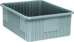 The Quantum Dividable Grid Container in gray measures 22-1/2L x 17-1/2W x 8H. With a durable, ridged exterior and slightly rounded edges, this open-top container is made in the USA and perfect for heavy-duty use.