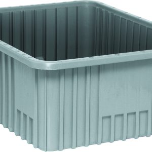 The Quantum Dividable Grid Container in gray measures 22-1/2L x 17-1/2W x 8H. With a durable, ridged exterior and slightly rounded edges, this open-top container is made in the USA and perfect for heavy-duty use.