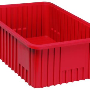 Quantum Dividable Grid Container, red and rectangular with ribbed sides, measures 22-1/2L x 17-1/2W x 8H. Made in USA and shown on a white background.