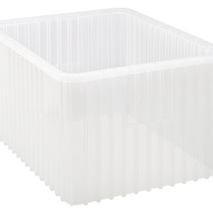 The Quantum Dividable Grid Container, clear and Made in USA, measures 22-1/2L x 17-1/2W x 12H. Its rectangular transparent design with vertical ribbed sides is ideal for efficient organization or storage of various items.