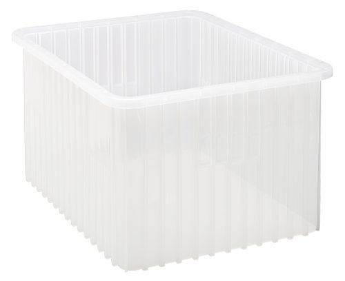 DG93120CL.jpg The Quantum Dividable Grid Container, clear and Made in USA, measures 22-1/2L x 17-1/2W x 12H. Its rectangular transparent design with vertical ribbed sides is ideal for efficient organization or storage of various items.
