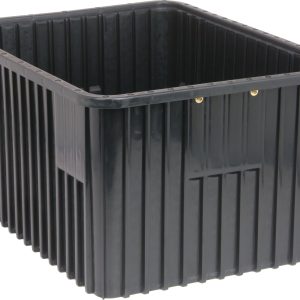 A large, black Quantum Dividable Grid Container made in the USA is rectangular with reinforced edges and vertical ridges. Measuring 22-1/2L x 17-1/2W x 12H, it features an open top and two small metal holes on one side.