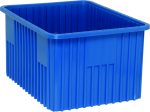 The Quantum Dividable Grid Container is a blue, rectangular plastic storage bin with vertical ridges, measuring 22-1/2L x 17-1/2W x 12H. Its open top offers a spacious interior, ideal for efficiently organizing or storing various items. Made in the USA.