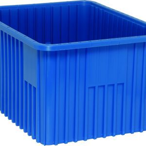 The Quantum Dividable Grid Container is a blue, rectangular plastic storage bin with vertical ridges, measuring 22-1/2L x 17-1/2W x 12H. Its open top offers a spacious interior, ideal for efficiently organizing or storing various items. Made in the USA.