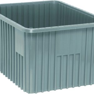 The Quantum Dividable Grid Container is a large, gray plastic storage solution with dimensions of 22-1/2L x 17-1/2W x 12H. Featuring ribbed sides, an open top, and hand grips on the shorter ends, it is made in the USA and ideal for efficient organization.