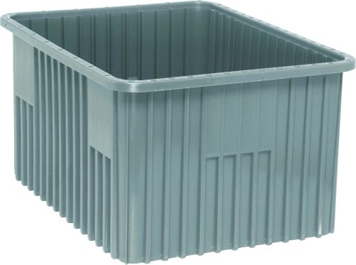 DG93120_GY.jpg The Quantum Dividable Grid Container is a large, gray plastic storage solution with dimensions of 22-1/2L x 17-1/2W x 12H. Featuring ribbed sides, an open top, and hand grips on the shorter ends, it is made in the USA and ideal for efficient organization.