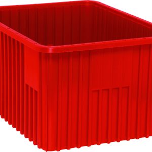 The Quantum Dividable Grid Container, 22-1/2L x 17-1/2W x 12H, in red, is displayed with vertical ribbed sides against a white backdrop.