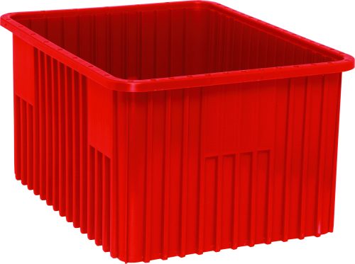 DG93120_RD.jpg The Quantum Dividable Grid Container, 22-1/2L x 17-1/2W x 12H, in red, is displayed with vertical ribbed sides against a white backdrop.