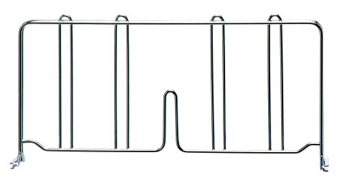 A Quantum Wire Shelf Divider, 12D x 8H with a chrome-plated finish, features a rectangular frame with vertical bars and a slight inward curve at the bottom center. It resembles a bed safety rail that attaches to the beds side using brackets for sturdy support.