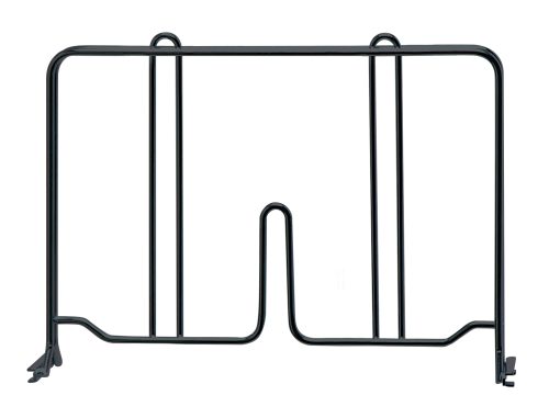 The Quantum Wire Shelf Divider, measuring 12D x 8H, is a black metal wire stand with a black epoxy antimicrobial finish. It features three vertical sections and a flat base with small feet for stability, forming a U-shaped gap, ideal for shelf division on a white background.
