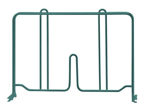 The Quantum Wire Shelf Divider, 12D x 8H, features a green epoxy antimicrobial finish and a simple metal wireframe design with two upright bars and central support for secure storage.