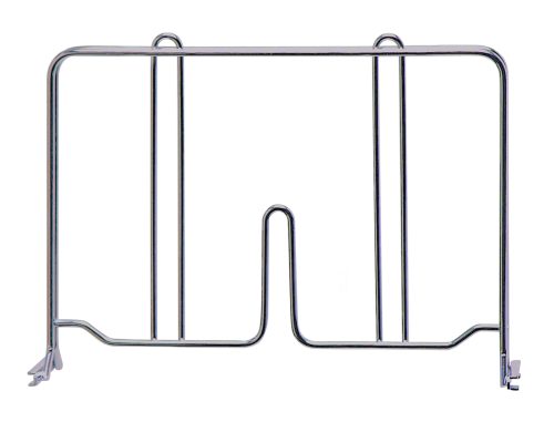 The Quantum Wire Shelf Divider, 12D x 8H, is a chrome-plated rack made from 304 stainless steel. It features a rectangular frame with two vertical dividers, a U-shaped notch, and is supported by four small rubber-tipped feet.