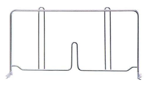 The Quantum Wire Shelf Divider, with a chrome-plated finish and dimensions of 14D x 8H, functions as both a book holder with two vertical supports and a U-shaped base and a stylish shelf divider.