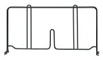 The Quantum Wire Shelf Divider is a 14D x 8H black metal book stand with a rectangular frame and two vertical support bars. It features two small angled feet for stability and boasts a black epoxy antimicrobial finish, perfect for holding books or items upright.