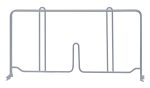 The Quantum Wire Shelf Divider, 14D x 8H, in a sleek gray epoxy antimicrobial finish, is rectangular with two vertical center bars and top hooks. Its base elegantly curves into a U-shape, making it perfect for stylishly showcasing items.