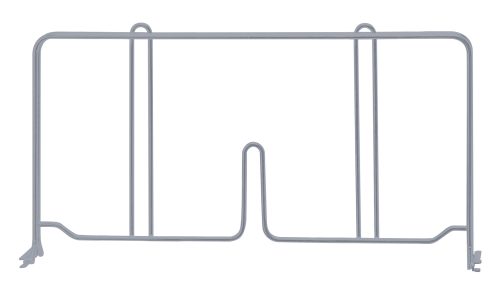 The Quantum Wire Shelf Divider, 14D x 8H, in a sleek gray epoxy antimicrobial finish, is rectangular with two vertical center bars and top hooks. Its base elegantly curves into a U-shape, making it perfect for stylishly showcasing items.