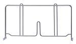 The Quantum Wire Shelf Divider, made of 304 stainless steel and measuring 14D x 8H, features a minimalist design with two vertical supports and a central slot for securing documents. With hooks for hanging, its shiny metal finish stylishly organizes papers or files.
