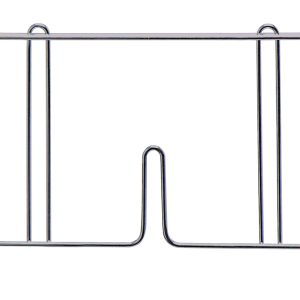 The Quantum Wire Shelf Divider, made of 304 stainless steel and measuring 14D x 8H, features a minimalist design with two vertical supports and a central slot for securing documents. With hooks for hanging, its shiny metal finish stylishly organizes papers or files.