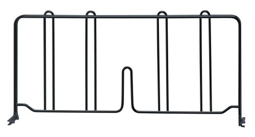 The Quantum Wire Shelf Divider, sized 18D x 8H, elegantly stands on a white background. It has five vertical sections with top loops and a bottom central notch, featuring a sleek black epoxy antimicrobial finish for organized, protected storage.