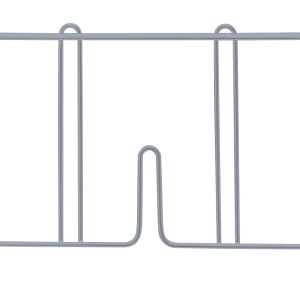 The Quantum Wire Shelf Divider, 18D x 8H, in gray epoxy antimicrobial finish, features angled feet and a central notch for dishwasher or kitchenware organization.